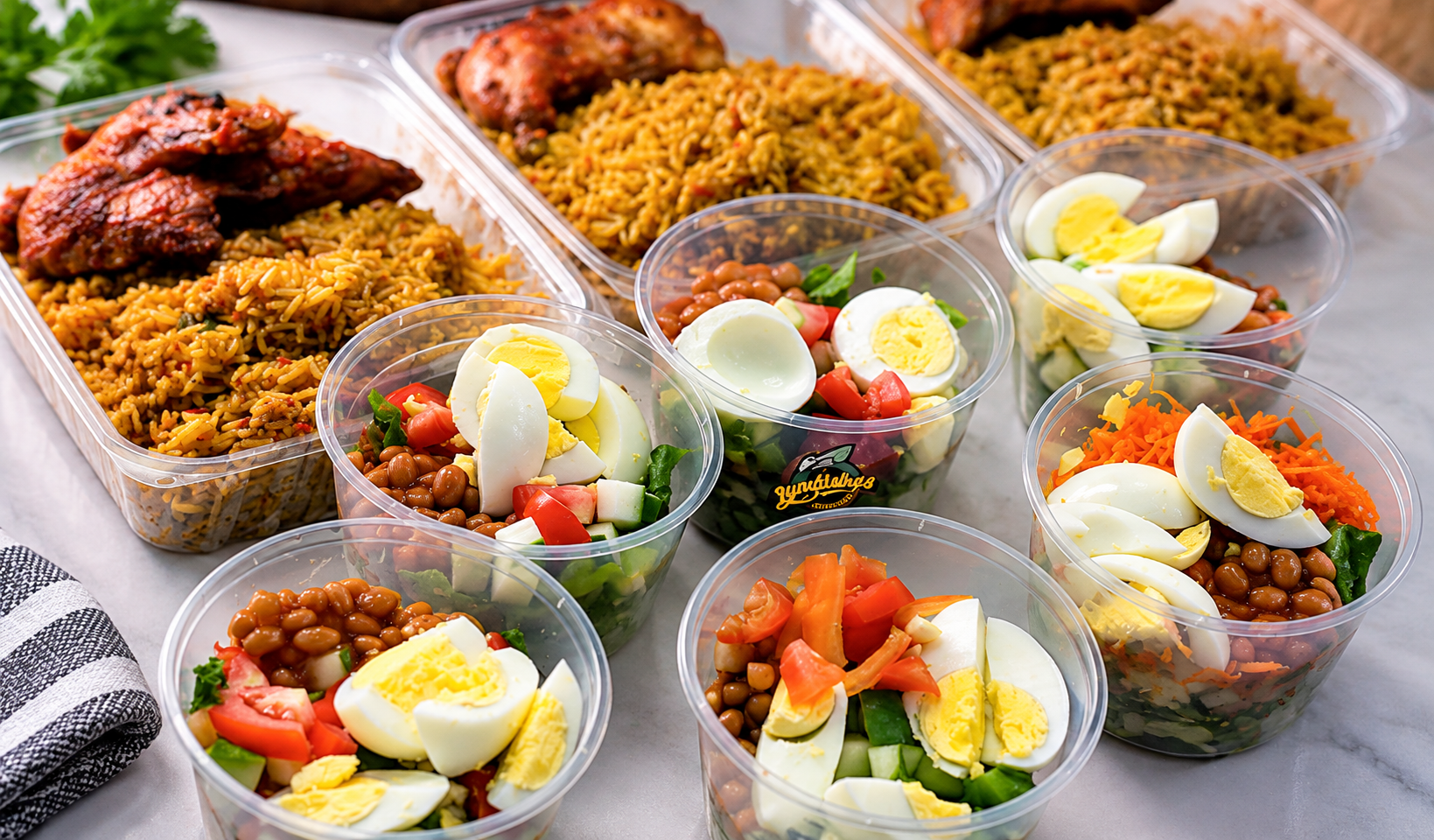 Jollof rice combo with seasoned chicken and small salad cups of vegetables, beans and boiled egg