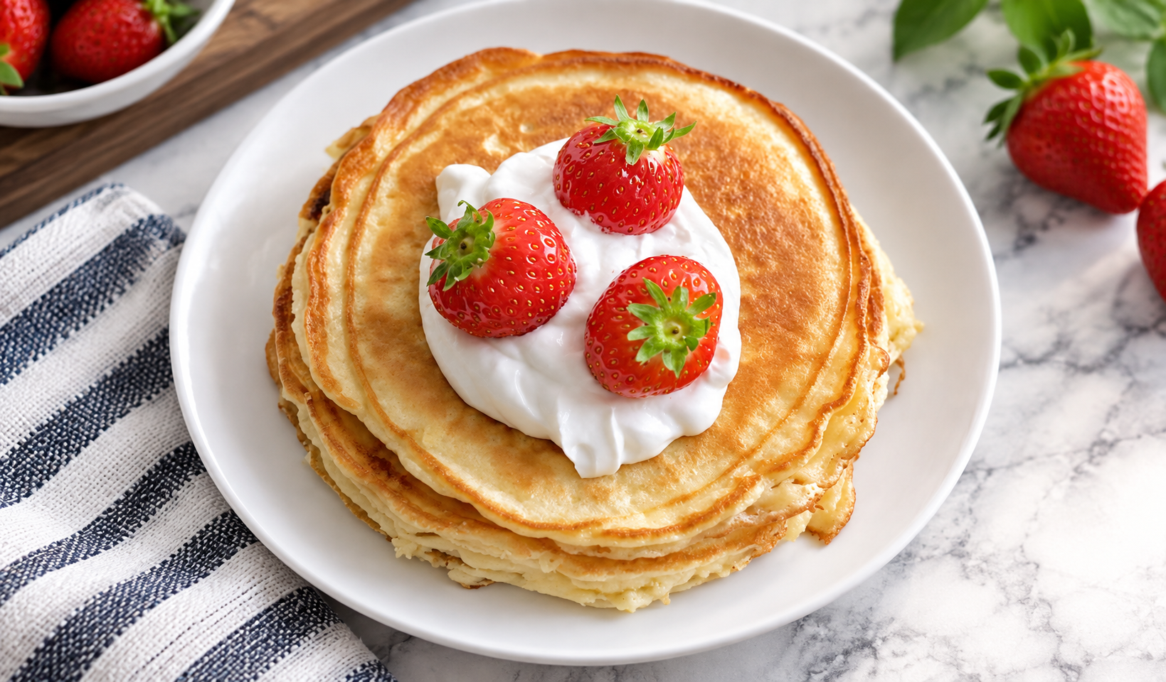 Stack of golden pancakes topped with whipped cream and fresh strawberries