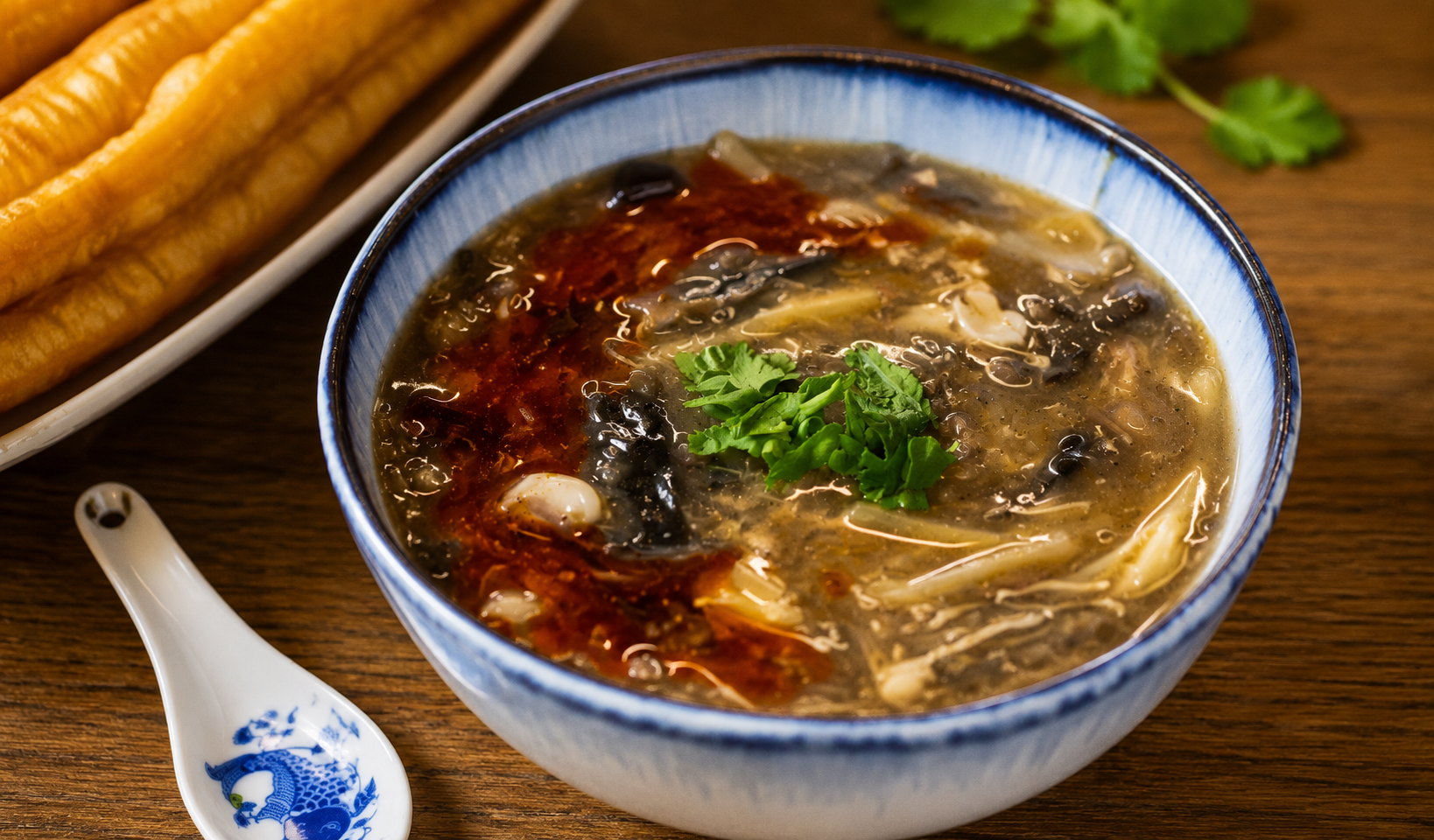 Spiced pepper soup broth garnished with fresh scent leaves, served with fried dough sticks