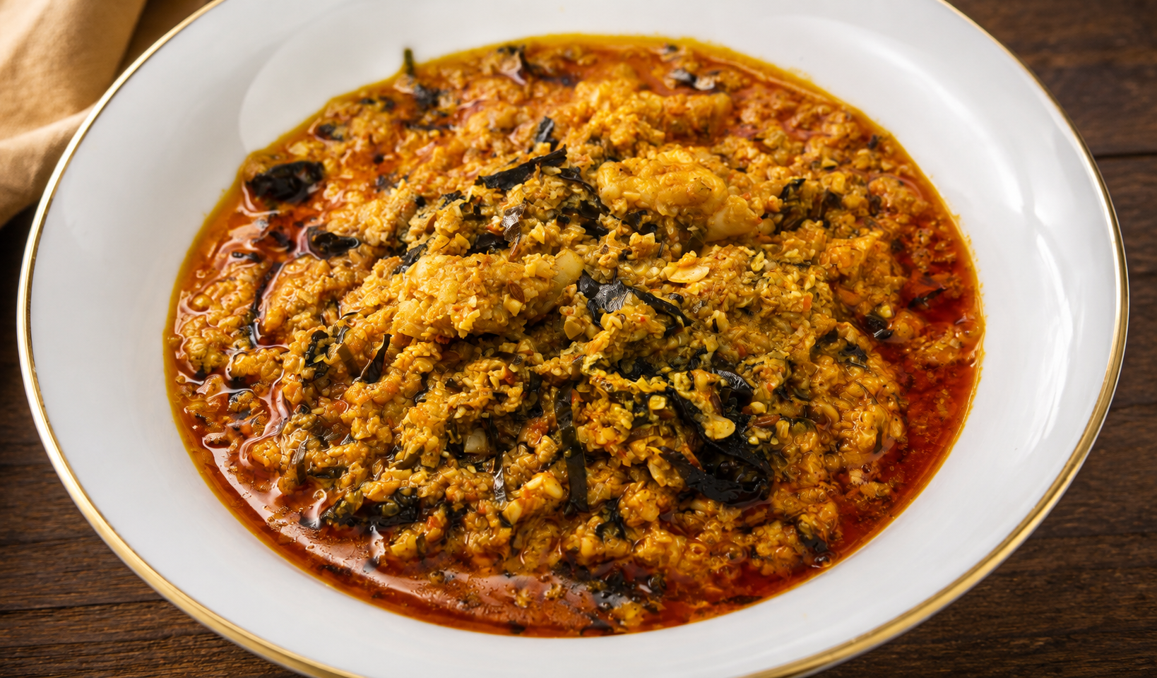 Bowl of rich egusi soup with leafy greens in a gold-rimmed plate