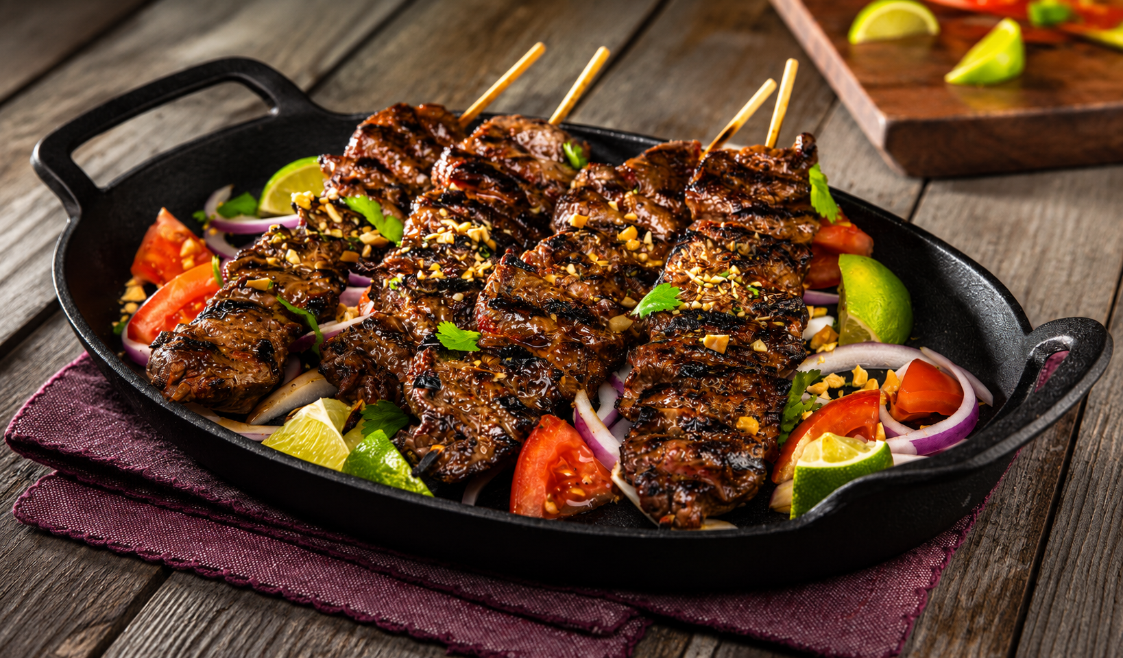 Char-grilled suya beef skewers with lime, tomato and red onion in a cast-iron pan