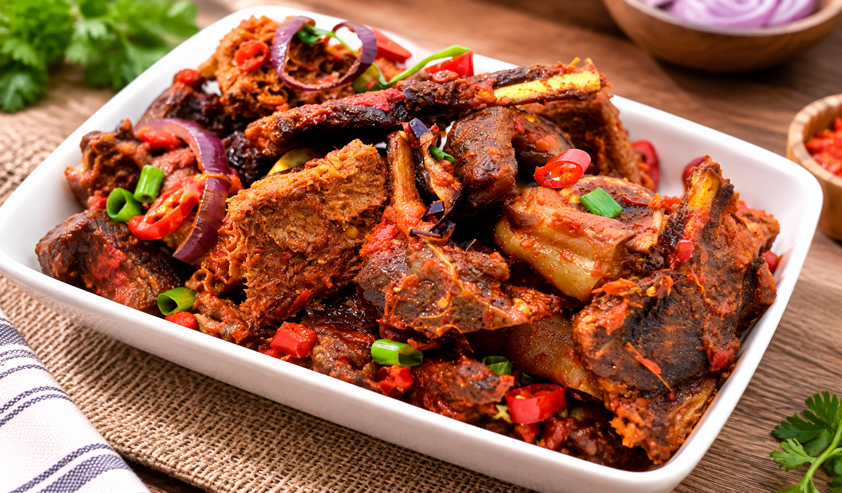 Assorted peppered meat and ribs in red pepper sauce with onion and chilli
