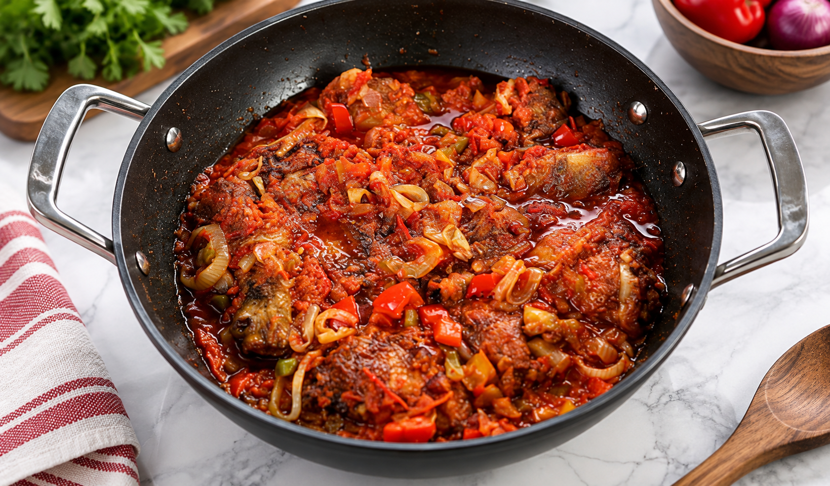 Chicken simmered in a spicy tomato and pepper sauce with onions in a pan