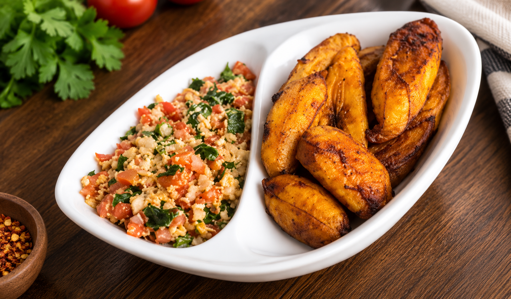 Divided dish of fried plantain chunks and Nigerian egg sauce