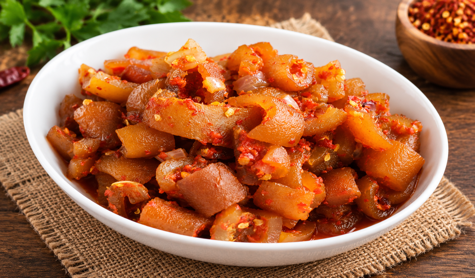 Peppered ponmo (cow skin) cubes in a spicy red pepper sauce