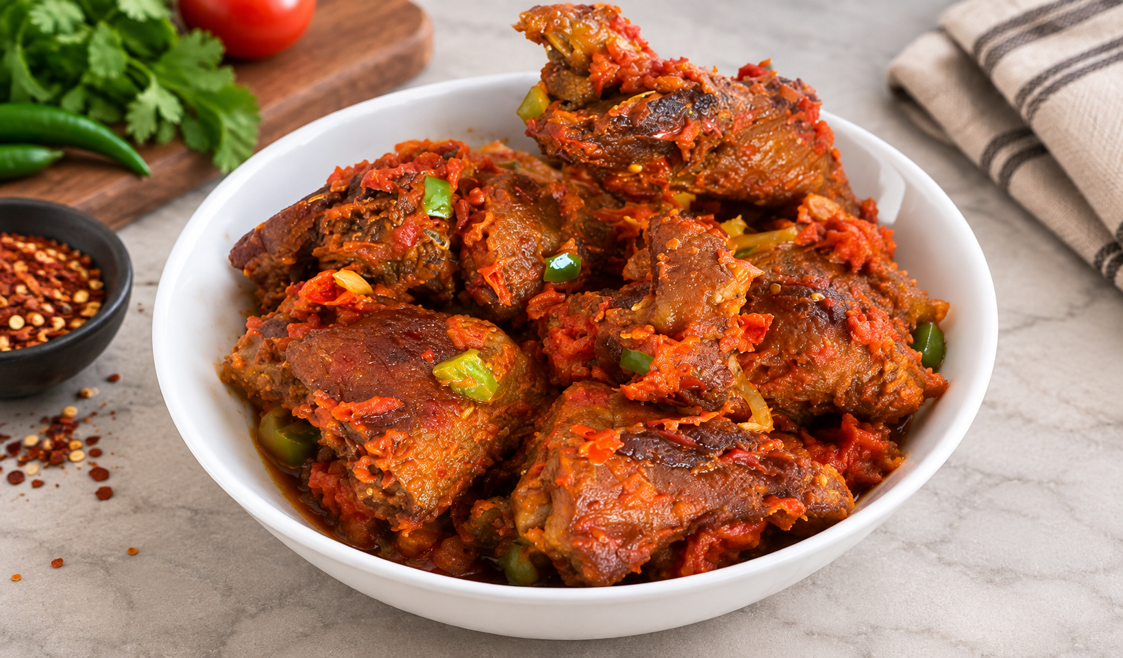 Assorted meat in a rich spicy tomato-pepper sauce with green peppers