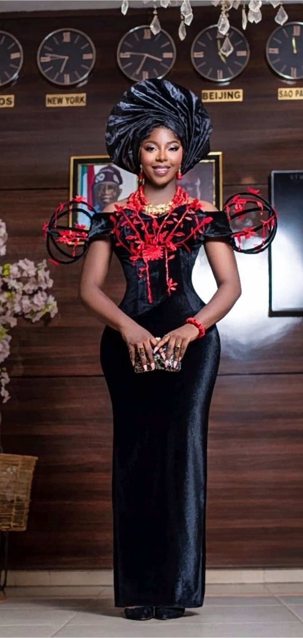 Black Velvet Dress with Coral Beadwork