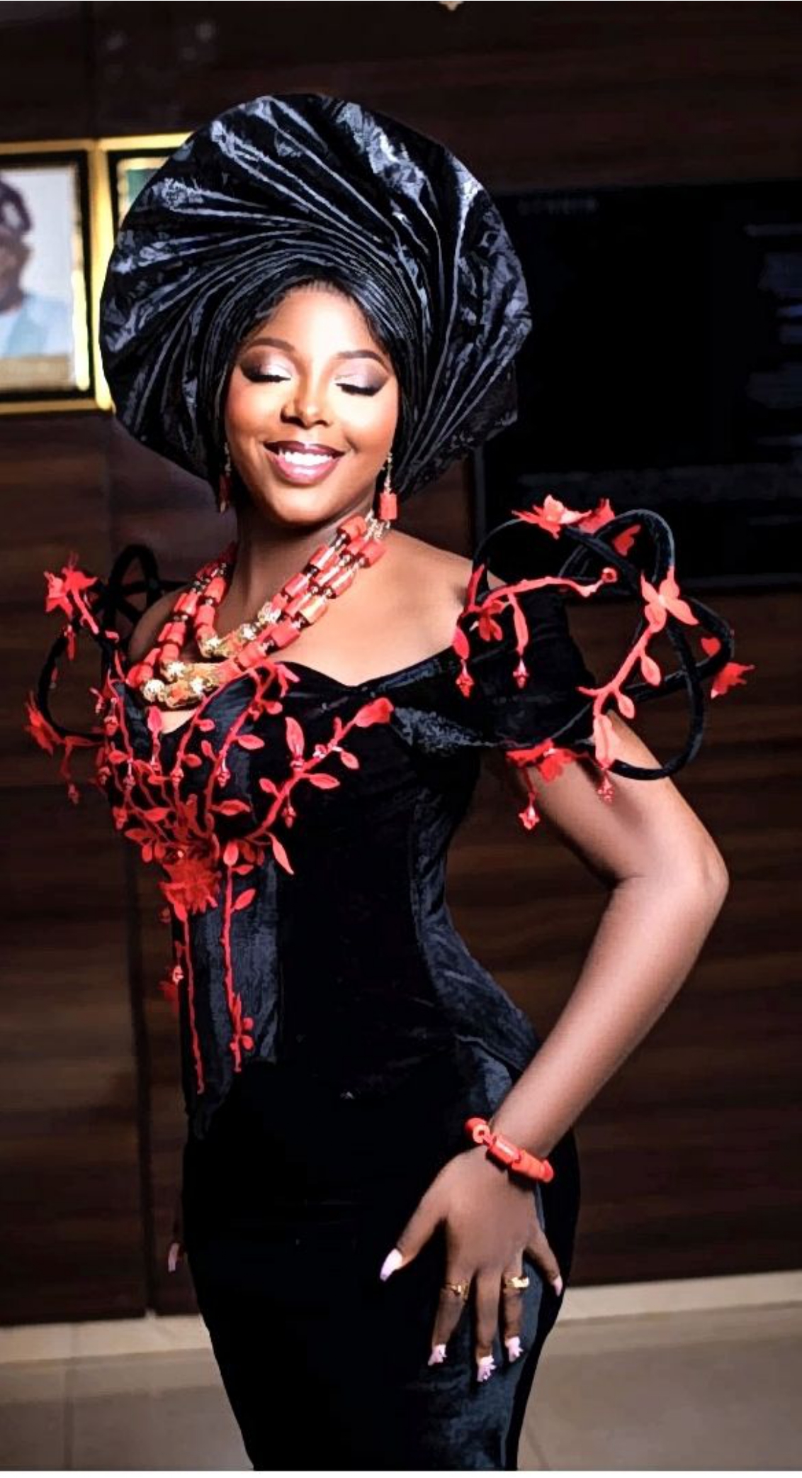 Black Velvet Dress with Coral Gele