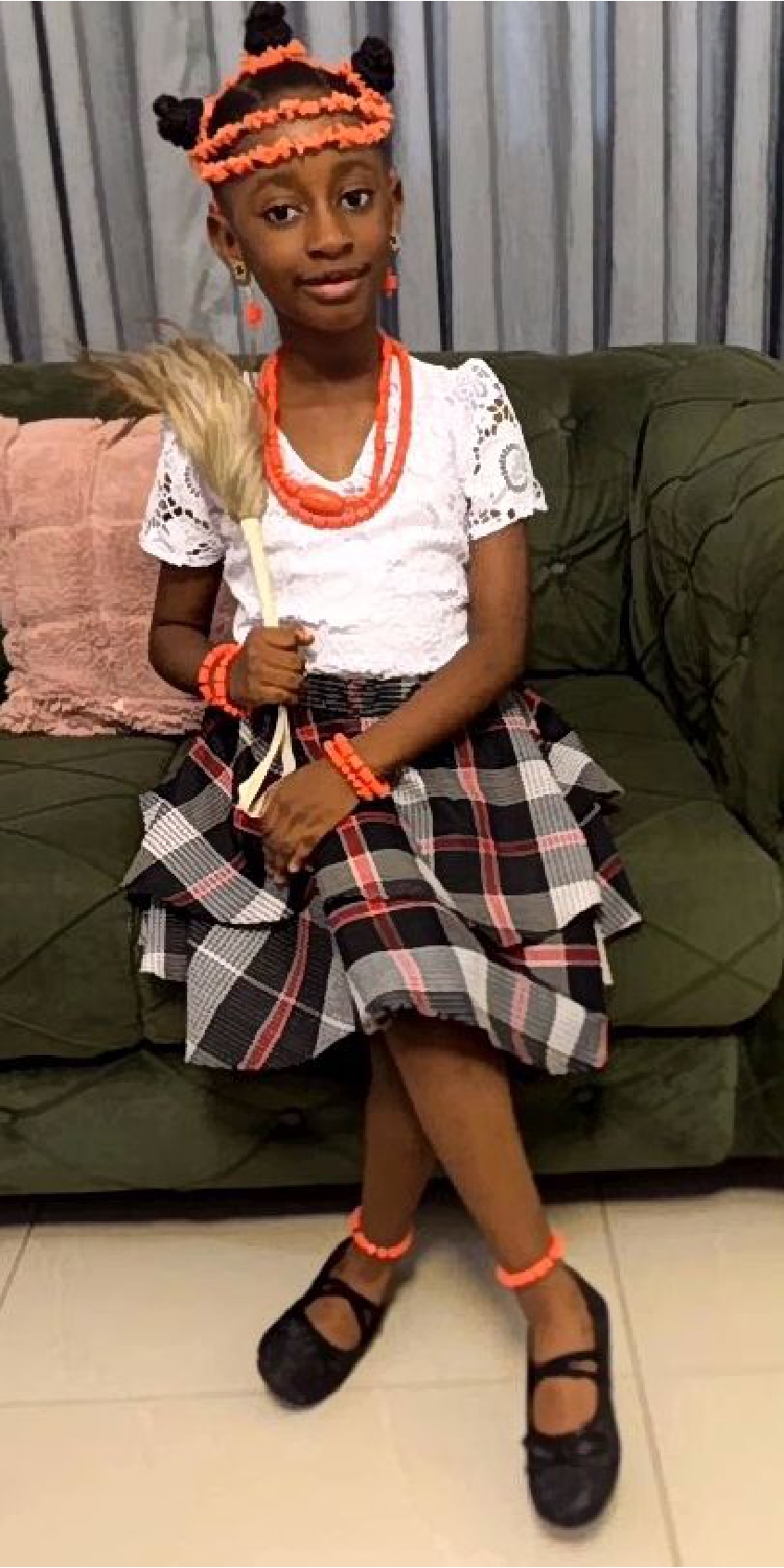 Girls Plaid Skirt Set with Coral Beads