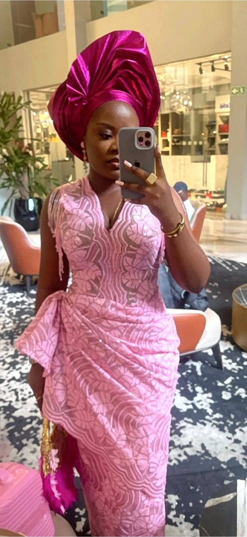 Pink Sequin Dress with Magenta Gele