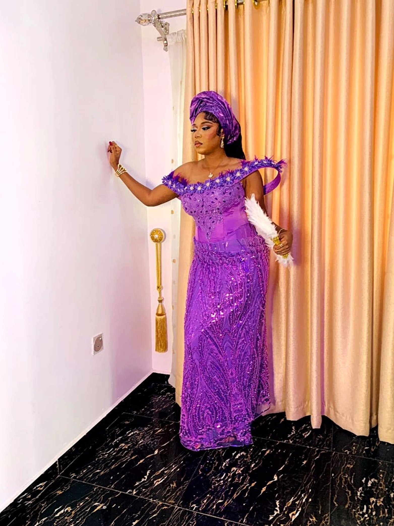 Purple Sequin Gown with Gele