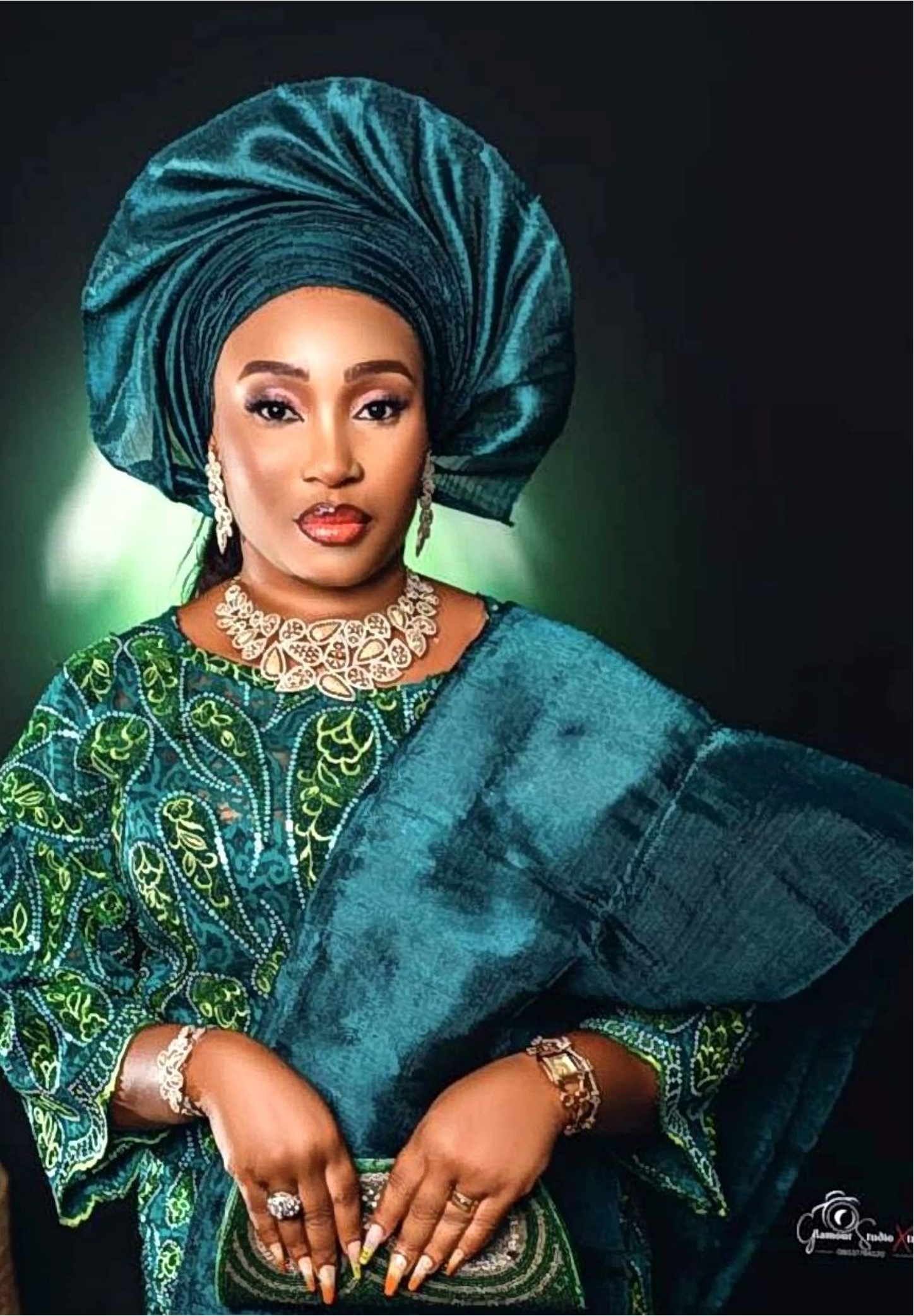 Teal Aso-Oke Gele Portrait Set