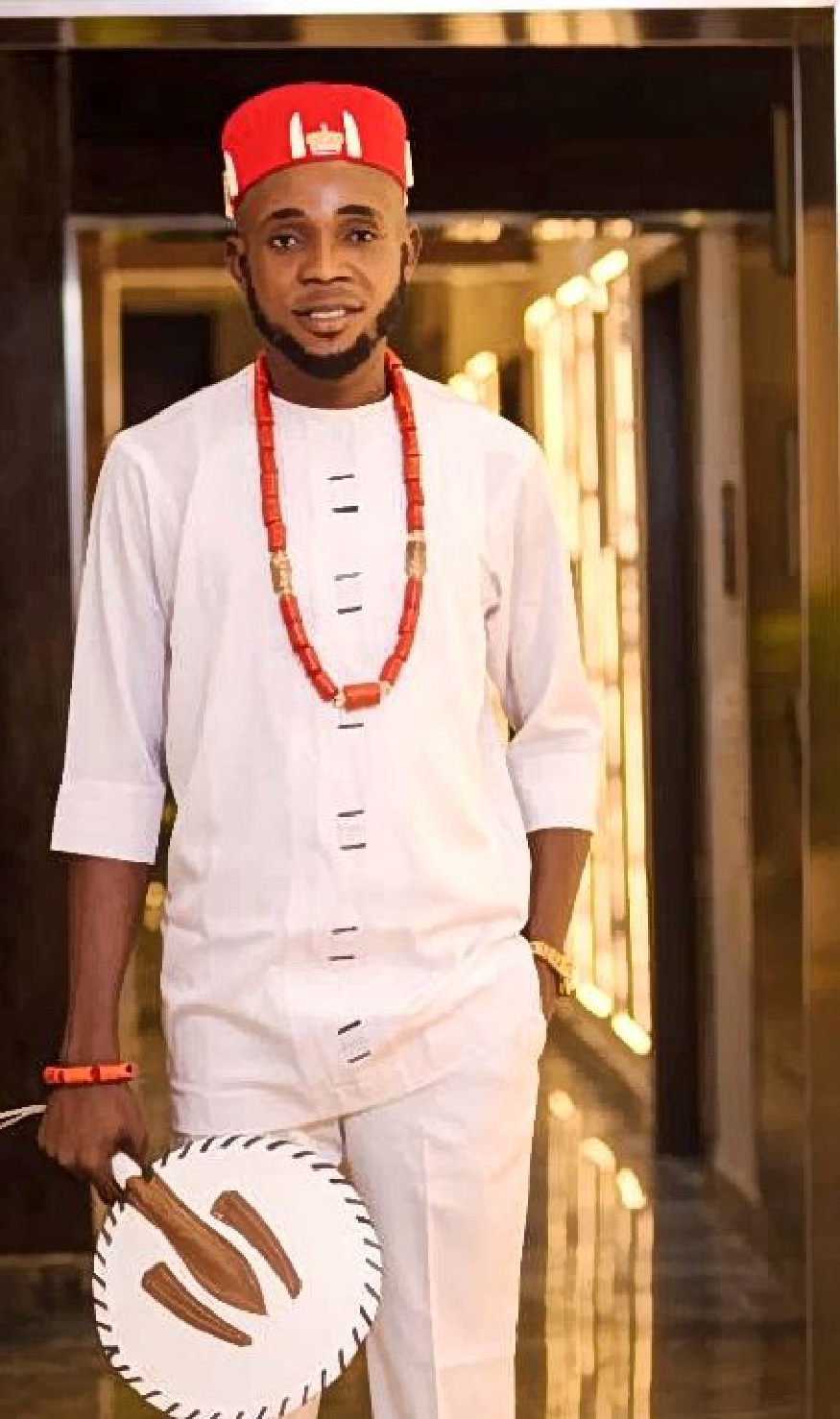 White Agbada with Red Cap